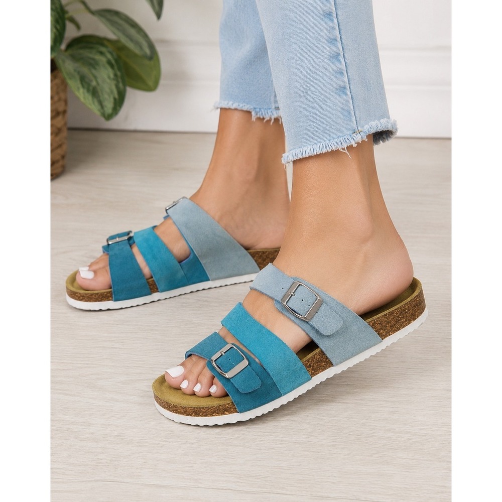 Serra Women's 9 Blue Teal Leather Upper Sandals 3 Strap Buckle Cork Footbed